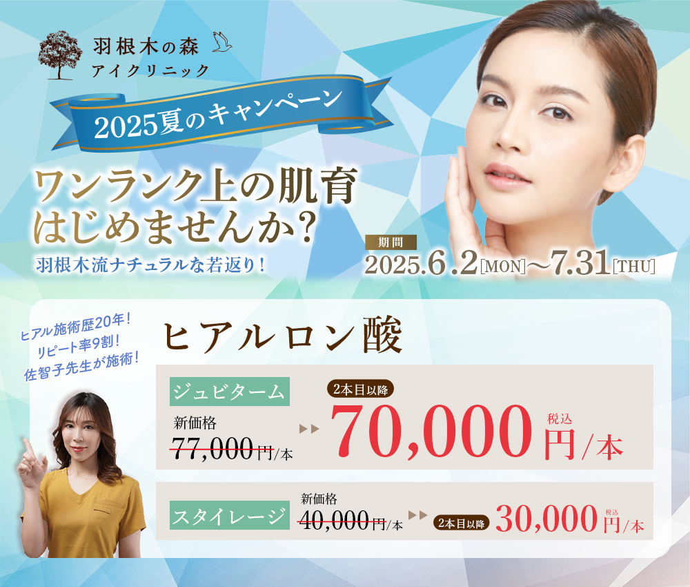 2025年夏のキャンペーン ワンランク上の肌育はじめませんか？ ヒアルロン酸 ジュビターム 新価格77,000円/本→2本目以降 70,000円(税込)/本 スタイレージ 新価格40,000円/本→2本目以降 30,000円(税込)/本 2025.6.2～7.31